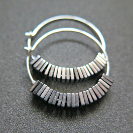 sterling silver hoop earrings. hematite jewelry. square stones.