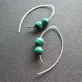 emerald green malachite earrings. modern stone jewelry. sterling silver threader hoops.