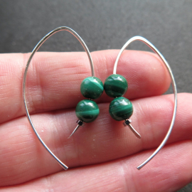emerald green malachite earrings. modern stone jewelry. sterling silver threader hoops.