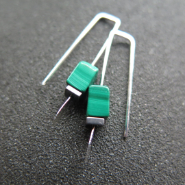 small emerald green earrings. natural malachite jewelry with silver hematite stones. rectangle earrings. made in Calgary
