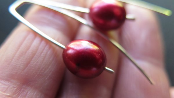 red pearl earrings in sterling silver. modern freshwater pearl jewelry. 1 1/2” drop earrings. made in Calgary, Canada