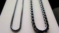 mens box chain necklace. anodized aluminum jewelry. black necklace with silver edge. made in Canada.