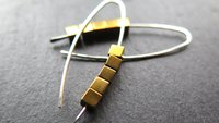 gold hematite earrings. cube jewelry in gold and sterling silver earrings. mixed metal jewelry.
