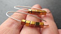 gold hematite earrings. cube jewelry in gold and sterling silver earrings. mixed metal jewelry.