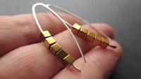 gold hematite earrings. cube jewelry in gold and sterling silver earrings. mixed metal jewelry.