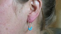 natural turquoise earrings. small 7/8 inch sterling silver hoops. Canadian seller in Calgary. turquoise jewelry.
