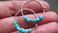 natural turquoise earrings. small 7/8 inch sterling silver hoops. Canadian seller in Calgary. turquoise jewelry.