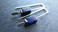 small lapis lazuli earrings. navy blue and gold hematite jewelry. rectangle earrings. made in Calgary