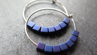 indigo earrings with hematite cubes. hypoallergenic niobium hoops for sensitive ears. modern purple blue jewelry.