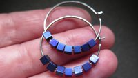 indigo earrings with hematite cubes. hypoallergenic niobium hoops for sensitive ears. modern purple blue jewelry.