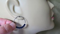 indigo earrings with hematite cubes. hypoallergenic niobium hoops for sensitive ears. modern purple blue jewelry.