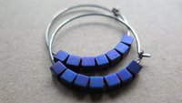 indigo earrings with hematite cubes. hypoallergenic niobium hoops for sensitive ears. modern purple blue jewelry.