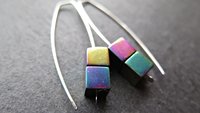 rainbow hematite earrings in sterling silver. modern cube earrings.1 1/2” drop earrings. splurge jewelry.