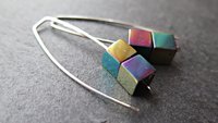 rainbow hematite earrings in sterling silver. modern cube earrings.1 1/2” drop earrings. splurge jewelry.