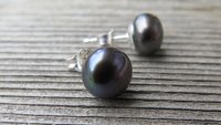 peacock black pearl earrings. pearl studs. 6.5mm to 7mm pearls on sterling silver posts.