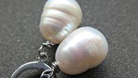 white pearl drop earrings. large freshwater pearl dangles. hypoallergenic stainless steel hoops. made in Canada.