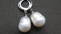 white pearl drop earrings. large freshwater pearl dangles. hypoallergenic stainless steel hoops. made in Canada.