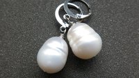 white pearl drop earrings. large freshwater pearl dangles. hypoallergenic stainless steel hoops. made in Canada.