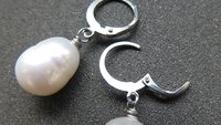 white pearl drop earrings. large freshwater pearl dangles. hypoallergenic stainless steel hoops. made in Canada.