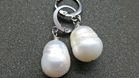 white pearl drop earrings. large freshwater pearl dangles. hypoallergenic stainless steel hoops. made in Canada.