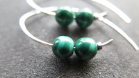 emerald green malachite earrings. modern stone jewelry. sterling silver threader hoops.