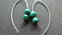 emerald green malachite earrings. modern stone jewelry. sterling silver threader hoops.