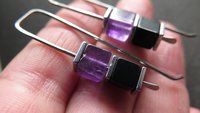 amethyst and black onyx earrings with hematite. hypoallergenic niobium for sensitive ears. modern cube jewelry.