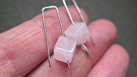 small rose quartz earrings in pale pink and silver. quartz jewelry. cube earrings for women