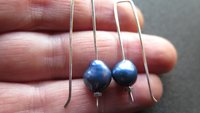 blue pearl earrings in sterling silver. modern freshwater pearl jewelry. 1 1/2” drop earrings. made in Calgary, Canada