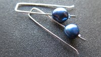 blue pearl earrings in sterling silver. modern freshwater pearl jewelry. 1 1/2” drop earrings. made in Calgary, Canada