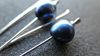 blue pearl earrings in sterling silver. modern freshwater pearl jewelry. 1 1/2” drop earrings. made in Calgary, Canada