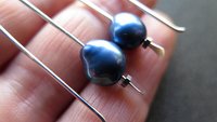 blue pearl earrings in sterling silver. modern freshwater pearl jewelry. 1 1/2” drop earrings. made in Calgary, Canada