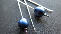 blue pearl earrings in sterling silver. modern freshwater pearl jewelry. 1 1/2” drop earrings. made in Calgary, Canada