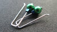 modern emerald green pearl earrings in sterling silver. blue cube hematite earrings. crystal pearl jewelry. 1 1/4" pearl drop earrings.