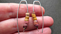 unique mookaite jasper earrings. modern stone jewelry in hammered sterling silver. made in Alberta Canada