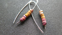 unique mookaite jasper earrings. modern stone jewelry in hammered sterling silver. made in Alberta Canada