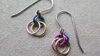 fun chainmail earrings. multicolor dangle earrings. hypoallergenic stainless steel earwires. made in Canada.