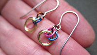 fun chainmail earrings. multicolor dangle earrings. hypoallergenic stainless steel earwires. made in Canada.