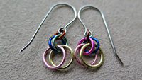 fun chainmail earrings. multicolor dangle earrings. hypoallergenic stainless steel earwires. made in Canada.