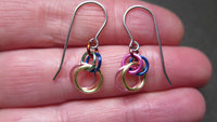 fun chainmail earrings. multicolor dangle earrings. hypoallergenic stainless steel earwires. made in Canada.