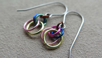 fun chainmail earrings. multicolor dangle earrings. hypoallergenic stainless steel earwires. made in Canada.