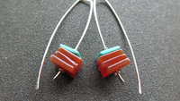 carnelian and turquoise earrings. sterling silver earrings. modern square stone earrings. artisan jewelry. blue and orange jewellery.