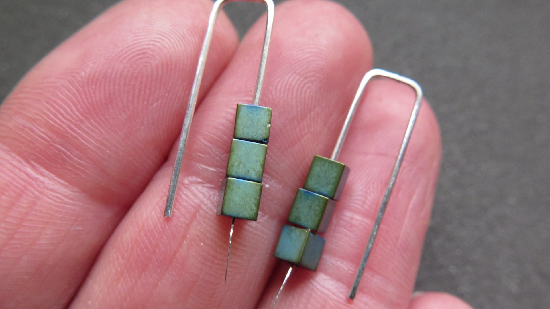 small hematite earrings. green jewelry. geometric jewellery. Canadian seller. 1 inch earrings.