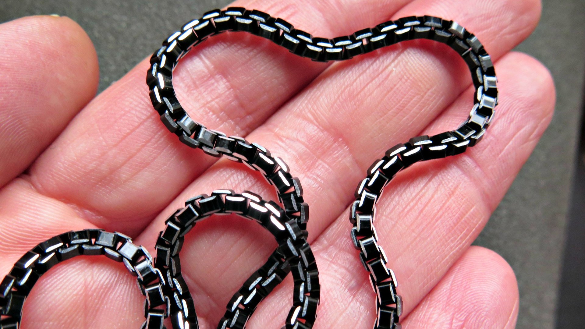 mens box chain necklace. anodized aluminum jewelry. black necklace with silver edge. made in Canada.
