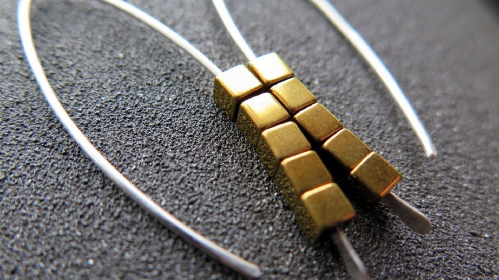 gold hematite earrings. cube jewelry in gold and sterling silver earrings. mixed metal jewelry.
