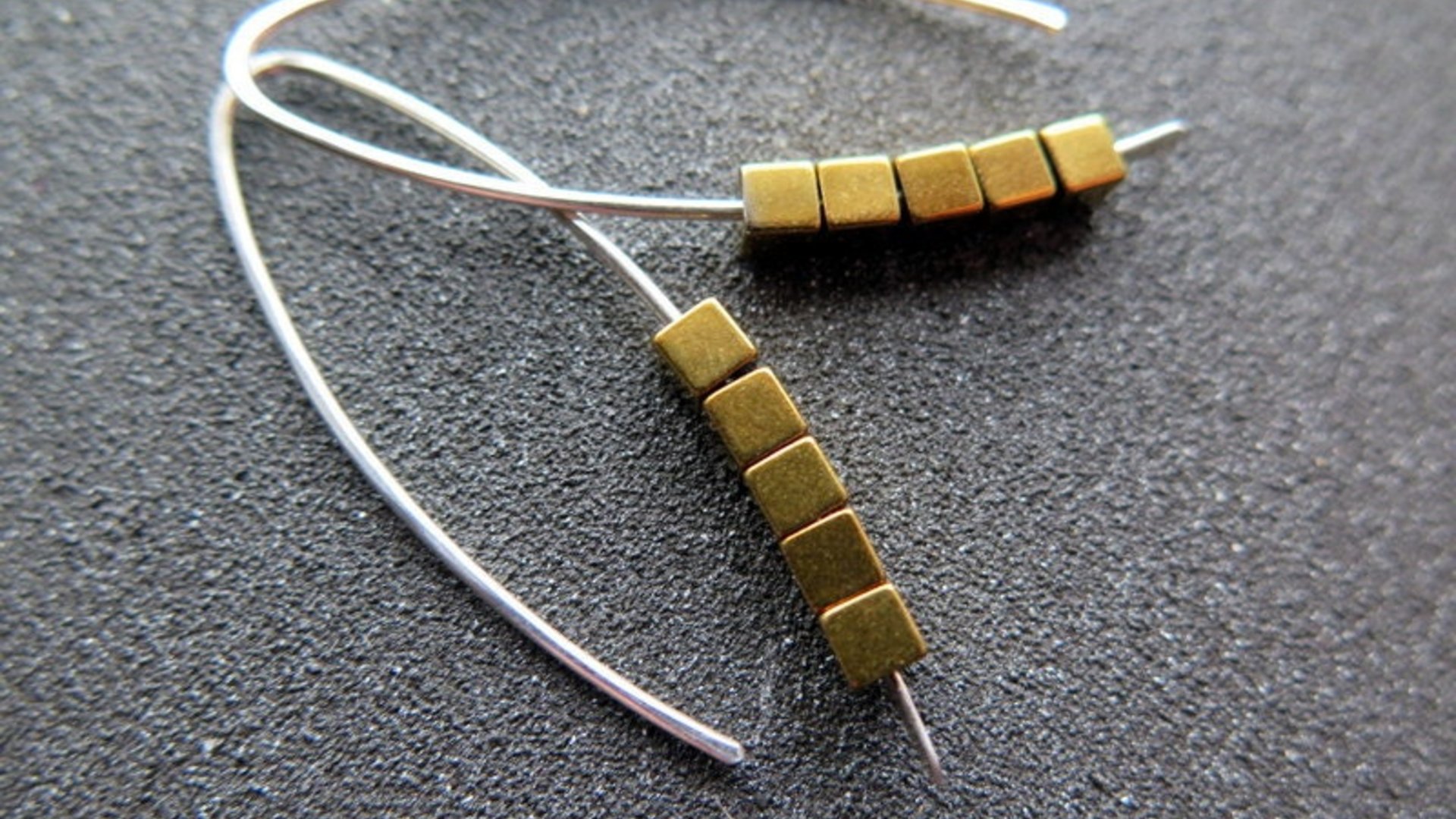 gold hematite earrings. cube jewelry in gold and sterling silver earrings. mixed metal jewelry.