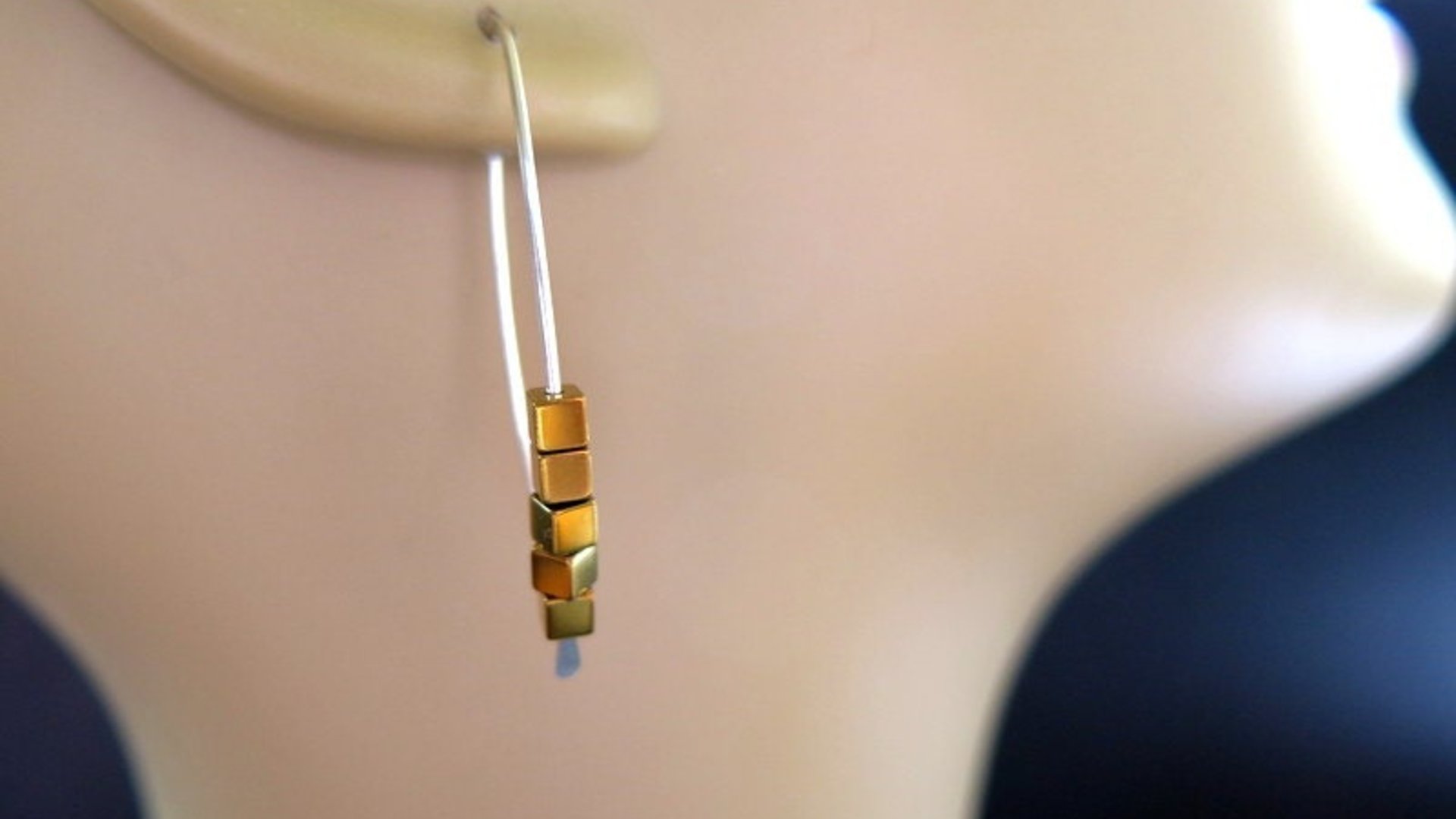 gold hematite earrings. cube jewelry in gold and sterling silver earrings. mixed metal jewelry.