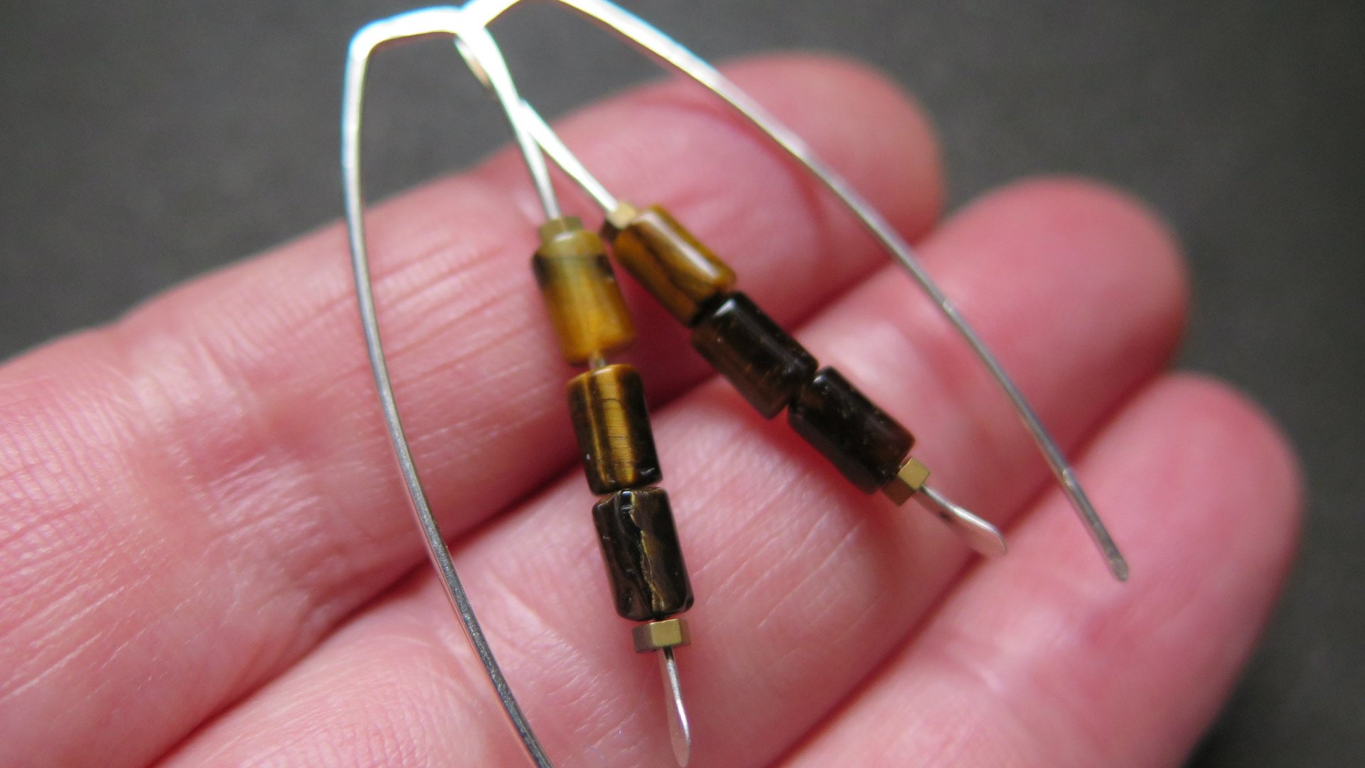 natural tiger eye earrings. modern stone jewelry. handmade brown earrings in sterling silver wire.