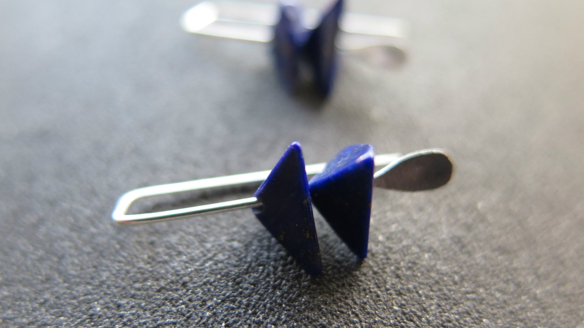 small lapis lazuli earrings. royal blue gemstone jewelry. triangle earrings.