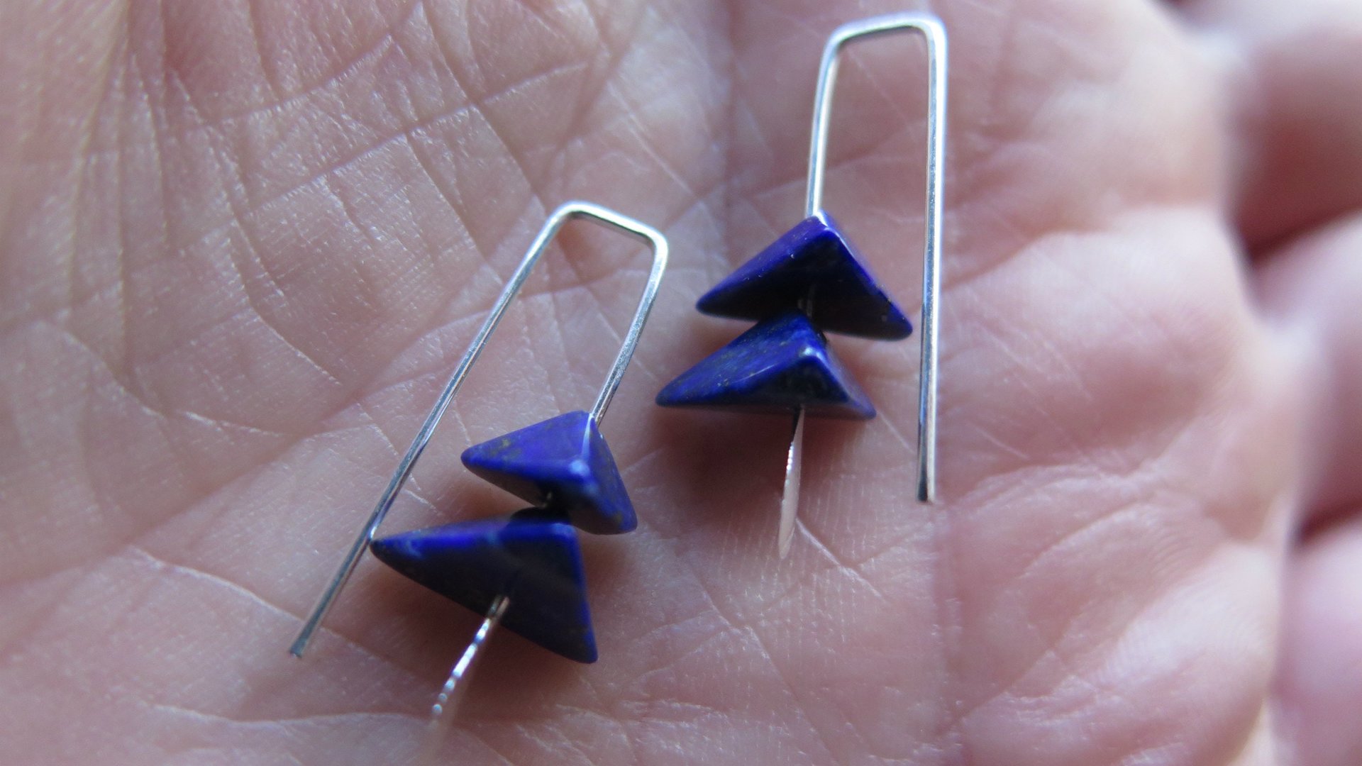 small lapis lazuli earrings. royal blue gemstone jewelry. triangle earrings.